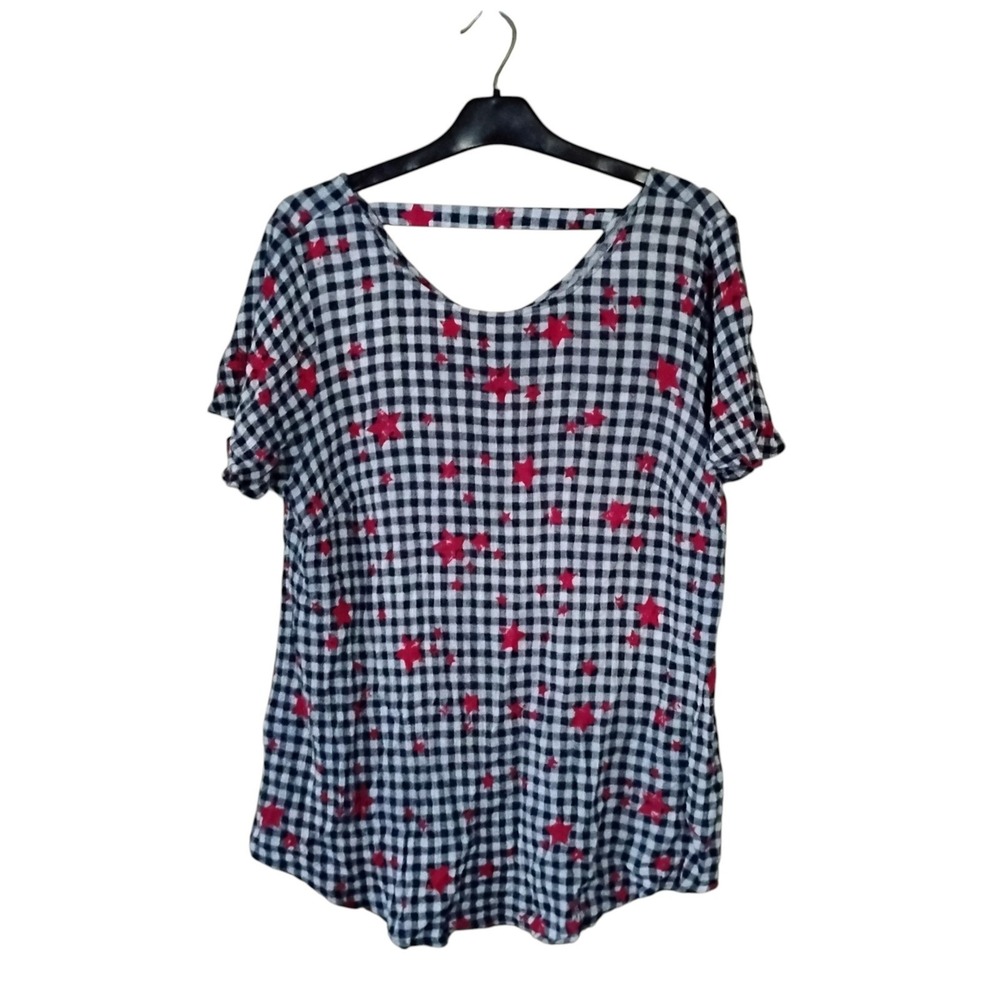 Lane Bryant Gingham Star Print Top Navy White Red Short Sleeve Rayon 14/16